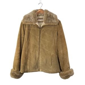 Vintage Y2K Suede Leather Faux Fur Coat Size Large Tan Mob Wife Aesthetic